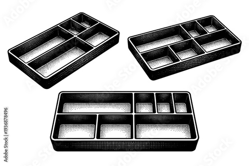 Office desk organizer compartment tray. A realistic office desk organizer with multiple rectangular compartments for stationery is shown as a single object