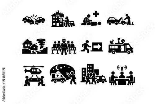 Emergency Response Scenes. Solid icon set of Emergency Response Scenes: car accident scene, building fire scene, medical emergency, roadside rescue, disaster