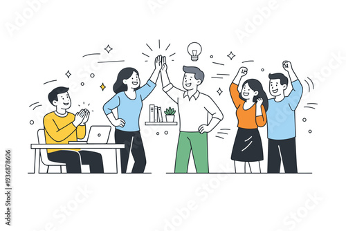 Team celebrating success. Colleagues clapping, giving high-fives or small cheer, relaxed and cheerful atmosphere in office setting, subtle motion lines and