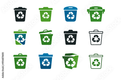 Regulations and policies promoting recycling. Icon set. Set Logo of recycling: recycling bin. harmonious logo variations of the same emblematic concept, each