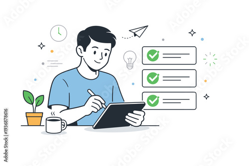 Work efficiency. A person completing tasks on a tablet with checkmarks appearing, showing progress without stress. The scene feels smooth, modern,