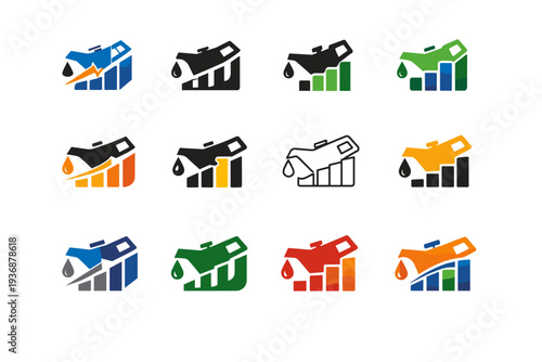 Oil check chart. Icon set. Set Logo of Oil check chart: oil can with chart bars. harmonious logo variations of the same emblematic concept, each with different