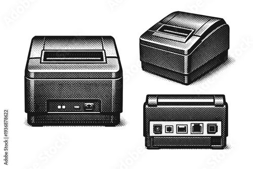 Receipt Printer ? Compact desktop receipt printer presented in straight-on front view, diagonal perspective, and rear connection panel view, maintaining