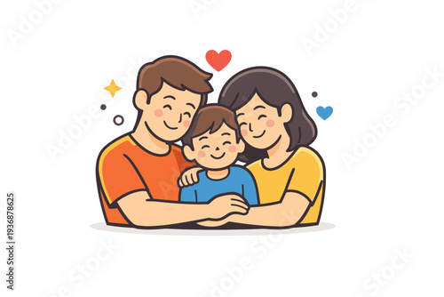 Happy family sharing a warm moment together with parents and child standing close and smiling, expressing love, trust, and emotional connection in everyday