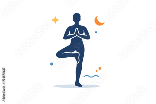 Self care body relaxation concept shown as a yoga pose silhouette with soft star accents, conveying calm movement, breathing and physical balance. Minimalist