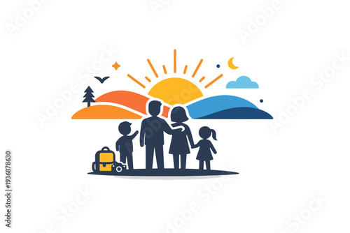Family vacation inspiration portrayed by a sunrise over gentle hills with a small family silhouette in the foreground, symbolizing rest, discovery, and lasting
