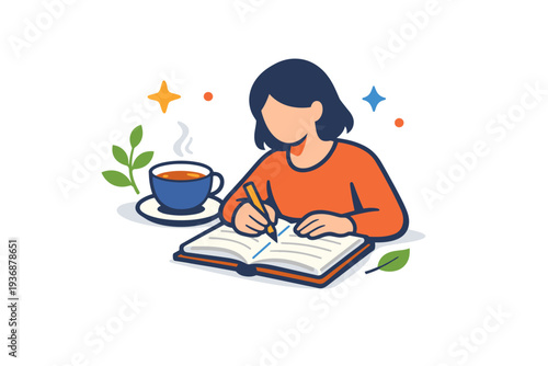 Wellbeing Concept mindful journaling moment showing a person writing in a notebook beside a cup of tea with small stars and leaves around, representing
