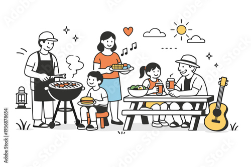 BBQ party family time. A warm editorial moment of a family enjoying a barbecue together outdoors. Calm joy, shared attention, gentle symbols of togetherness