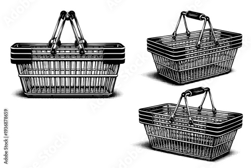 Shopping basket stacked set A detailed stack of wire shopping baskets presented as a single object in three views including front, side, and angled, focusing