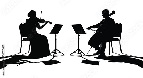 A silhouetted duet a violinist and cellist performing a musical piece in a studio setting
