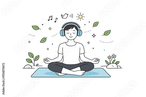 Meditation with nature sounds. A person wearing headphones, sitting on a mat in a garden, eyes closed, peaceful focus, subtle floating leaves and dots indicate
