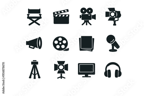 Director?s chair on set. Solid icon set of director?s chair on set: director chair, clapperboard, camera, spotlight, megaphone, film reel, script, microphone,