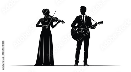 A silhouetted couple performs music a woman plays the violin and a man plays guitar