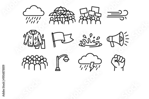 Rainy Protest Scene. Line icon set of Rainy Protest Scene: heavy rain cloud, umbrella crowd, sign silhouettes, wind lines, soaked clothing, banner flapping,