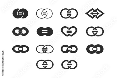 Relationship equality and mutual respect. Icon set. Set Logo of Relationship equality and mutual respect: intertwined equal circles. harmonious logo variations