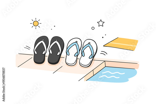 Casual summer footwear. A minimal scene showing flip flops placed by a pool or terrace edge. The illustration suggests comfort, leisure, and slow summer days.