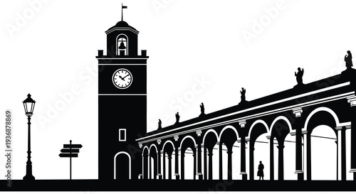 A stark black silhouette of a clock tower colonnade and figures against a bright white background