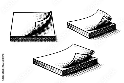 Sticky notes peeled note A detailed peeled sticky note presented as a single object in three views including top, side, and angled perspective, focusing on