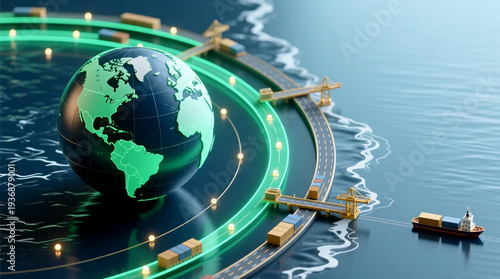 Global Economic Flow dynamic intercontinental trade corridor network linear arcs global routes cargo ship for international commerce and supply chain strategy