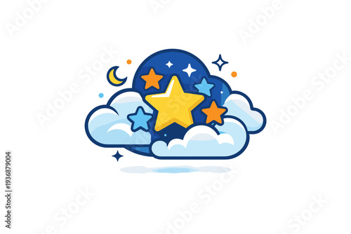 Starry summer night dreamy symbol represented by a glowing star cluster framed with soft clouds, suggesting imagination, inspiration and gentle night thoughts.