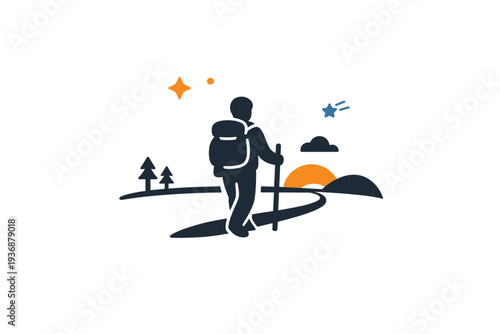 Personal adventure journey expressed through a simple hiker silhouette moving toward a horizon line, symbolizing courage, independence, and self discovery.