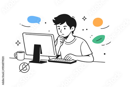 Focused work at home. A person concentrating on a screen while notifications are muted, clear mind and deep focus, abstract shapes gently floating around.