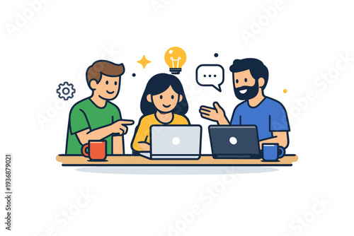 People characters depicted as a small office team collaborating around a desk with laptops and coffee cups, symbolizing teamwork, creativity, and professional