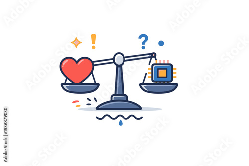 Algorithm anxiety mindset symbolized by a balance scale holding a heart on one side and a logic chip on the other, expressing emotional stress caused by