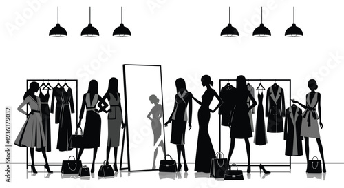 Silhouettes of women shopping and modeling clothes in a modern retail environment high quality professional detailed