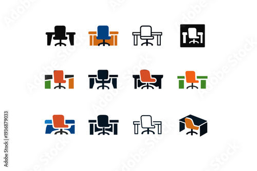 work desk. Icon set. Set Logo of work desk: chair. harmonious logo variations of the same emblematic concept, each with different artistic interpretation