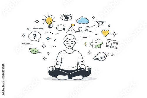 Inner exploration. A person sitting calmly while abstract symbols, ideas, and stars float around their head. Quiet moment of reflection and self-discovery.