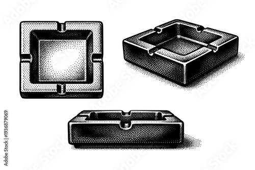 Ashtray square ceramic ashtray with sharp edges, recessed center, and integrated cigarette grooves, proportionally accurate. Black and white dot style with