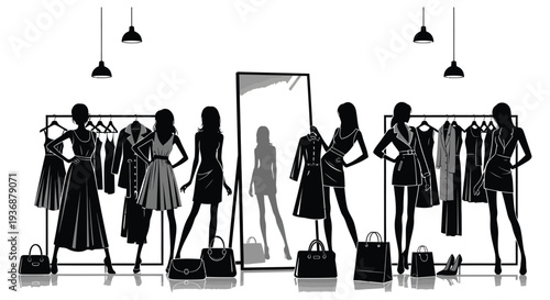 Stylish silhouettes of women admiring clothes on display in a modern boutique setting high quality professional