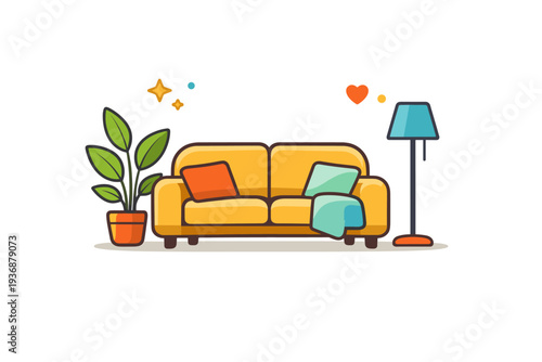 Modern living reflecting a cozy interior scene with a sofa, plant, and floor lamp arranged neatly, conveying comfort, balance, and a calm