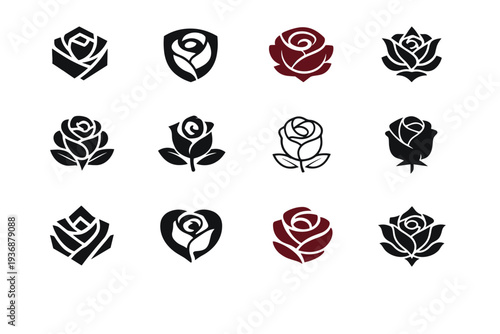 Fragrant flowers. Icon set. Set Logo of Fragrant flowers: rose symbol. harmonious logo variations of the same emblematic concept, each with different artistic