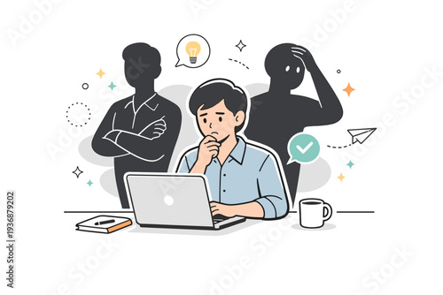 Self-doubt at work. A professional reviewing their work on a laptop while shadowy abstract shapes appear behind. Calm internal tension between competence and