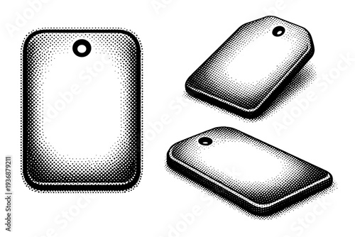 Price tag label rounded corners. A realistic price tag label with rounded corners and smooth edges is shown as one object presented in three different views