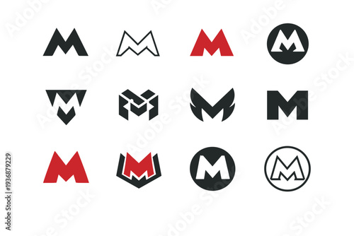 Metro. Icon set. Set Logo of Metro: metro sign letter M. harmonious logo variations of the same emblematic concept, each with different artistic interpretation