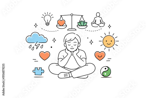 Emotional balance. A modern scene showing a person reflecting with simple icons representing thoughts and feelings. The illustration suggests