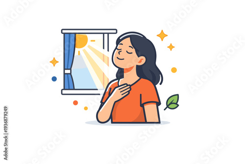 Micro joys shown as a person pausing to enjoy sunlight through a window with soft rays and calm decorative dots, conveying warmth, presence and simple daily
