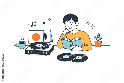 Analog hobbies concept. A person sitting at a table enjoying a vinyl record and a book, calm offline moment and slow living mood. Clean editorial scene