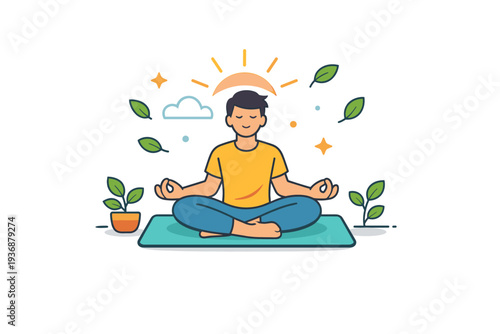 Wellbeing Concept peaceful morning routine with a person meditating on a mat surrounded by soft sunlight, small plants, and floating leaves, conveying calm,