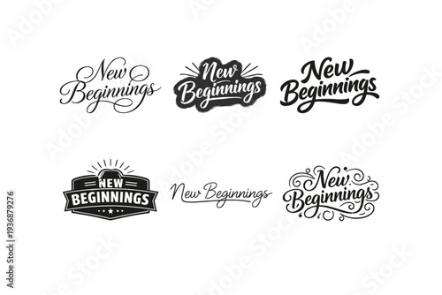 New Beginnings. Set lettering. harmonious lettering variations of the same emblematic concept, each with different artistic interpretation (Elegant script with