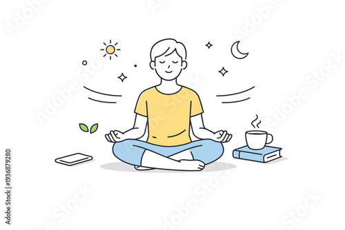 Balanced digital routine. A person sitting comfortably with a device nearby but not in hand, focusing on breathing or simple surroundings. Message of calm