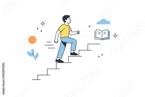 Personal growth. A person climbing simple abstract steps, moving upward with calm confidence. The scene suggests steady progress and self-improvement, with