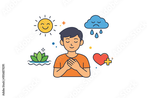Human emotions shown as a calm character surrounded by small abstract icons representing joy, sadness, and calm, symbolizing emotional diversity and self