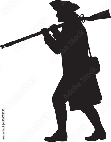 Colonial minuteman soldier silhouette vector illustration walking with musket revolutionary line art