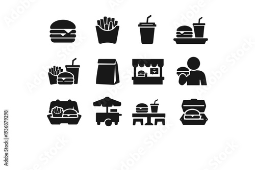 Fast food meal. Solid icon set of Fast food meal: classic burger, fries carton, soda cup, takeaway tray, combo meal, fast food bag, restaurant counter, quick