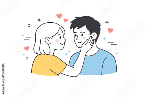 Affectionate gesture. One character placing a hand on another?s shoulder or cheek, conveying intimacy and trust. Soft, calm scene with abstract floating dots