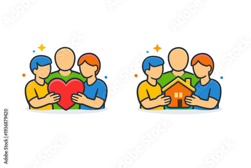 Chosen family support visualized by figures gently holding one central heart or home symbol, expressing acceptance, care, and emotional security. A simple